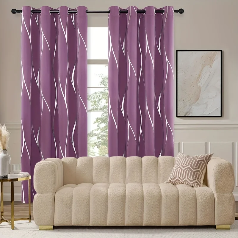 Purple Wave Pattern Blackout Curtains With Grommet Top For Living Room Bedroom
