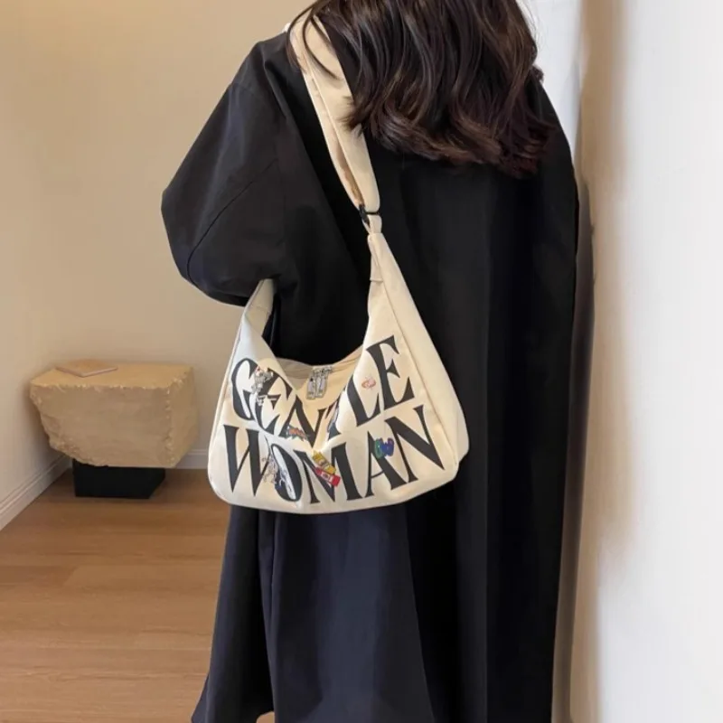 

Fashion Canvas Shoulder Bag Letter Print Geometric Large Capacity Crossbody Purse Tote Shopper for Commuter Travel Daily Use