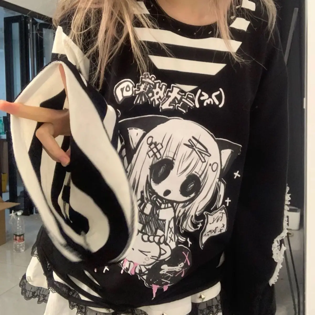 

Japanese 2000s Y2k Splicing Secondary False Two Pieces Striped Print Sweet Cool Loose Thin Long-sleeved Blouse Female