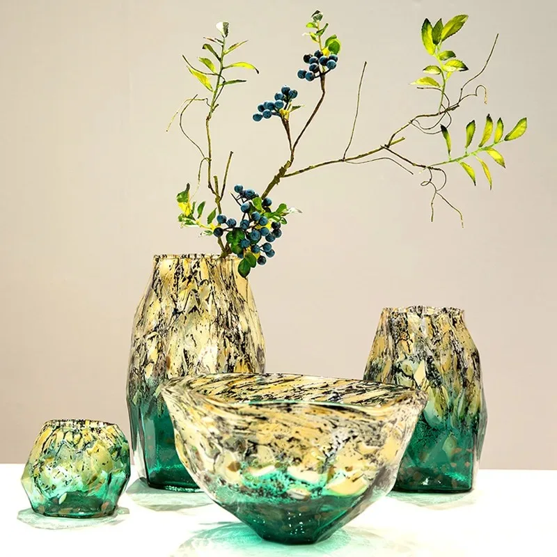 بقع تغيير تدريجي غير منتظمة، مزهرية زجاجية سوداء، طبق فاكهة، مزيج من زهور الديكور #2