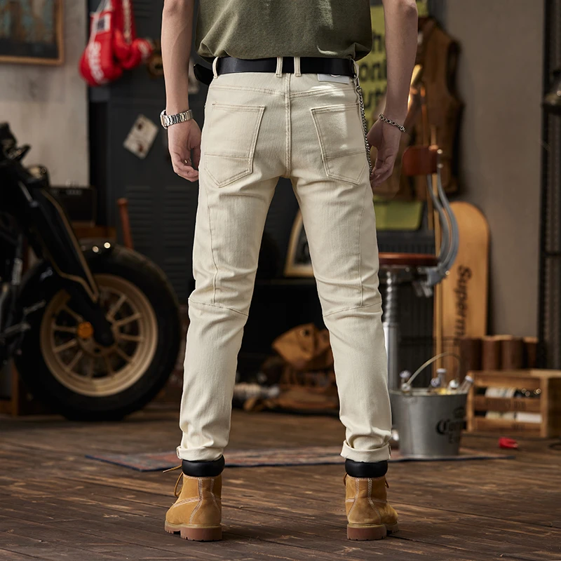 High-End Washed Stitching Zipper Men's Jeans Beige Trendy Pu Handsome Motorcycle Slim Straight Stretch Feet Pants