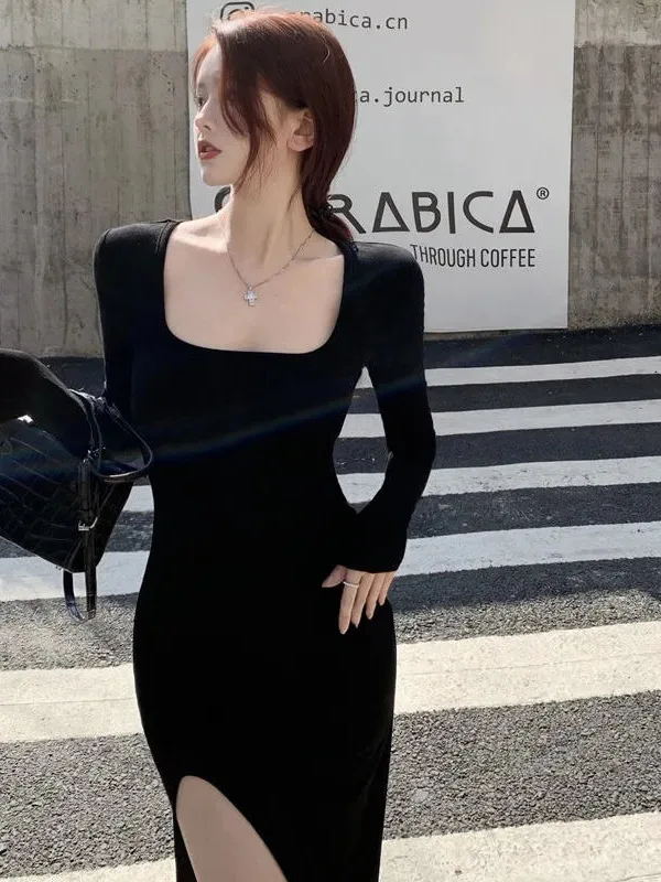 Vestido negro ajustado de longitud media para mujer, falda versátil con cuello cuadrado, otoño e invierno, 2024