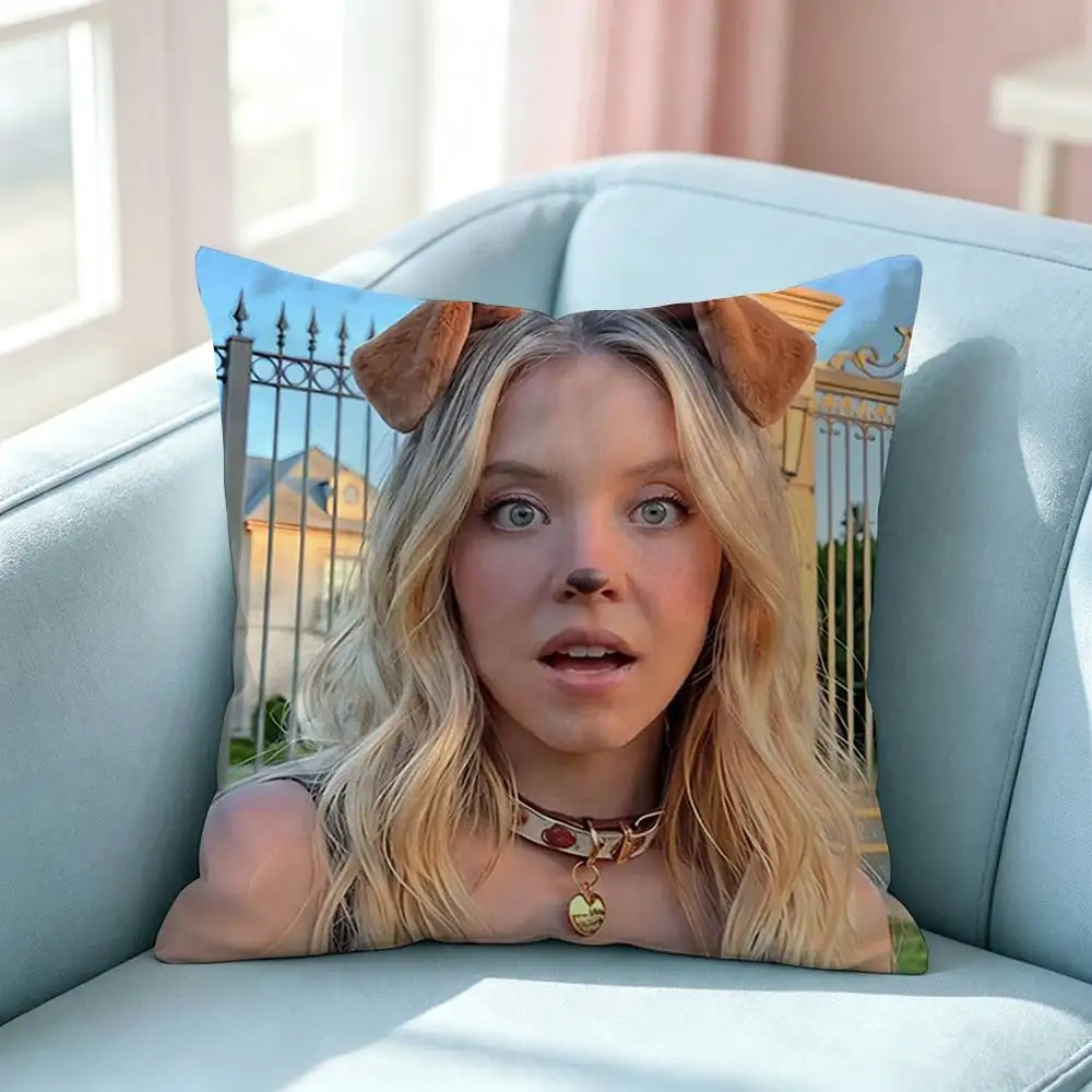 Famous Actress Sydney Sweeney Square Double-Sided printed Pillow Case Bedroom Bedside Pillow Sofa Cushion Cover