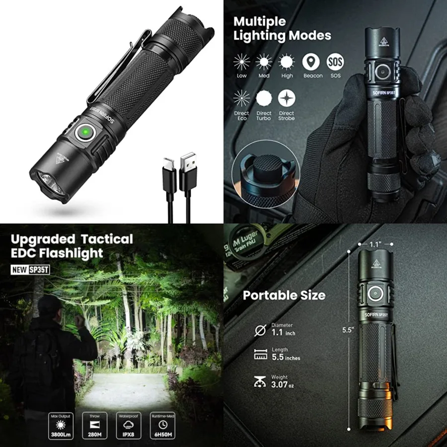 SP35T Tactical Flashlight, 3800 Lumens Super Bright Pocket LED Flashlight Rechargeable with Dual Switch, IPX8 Water Resistance,