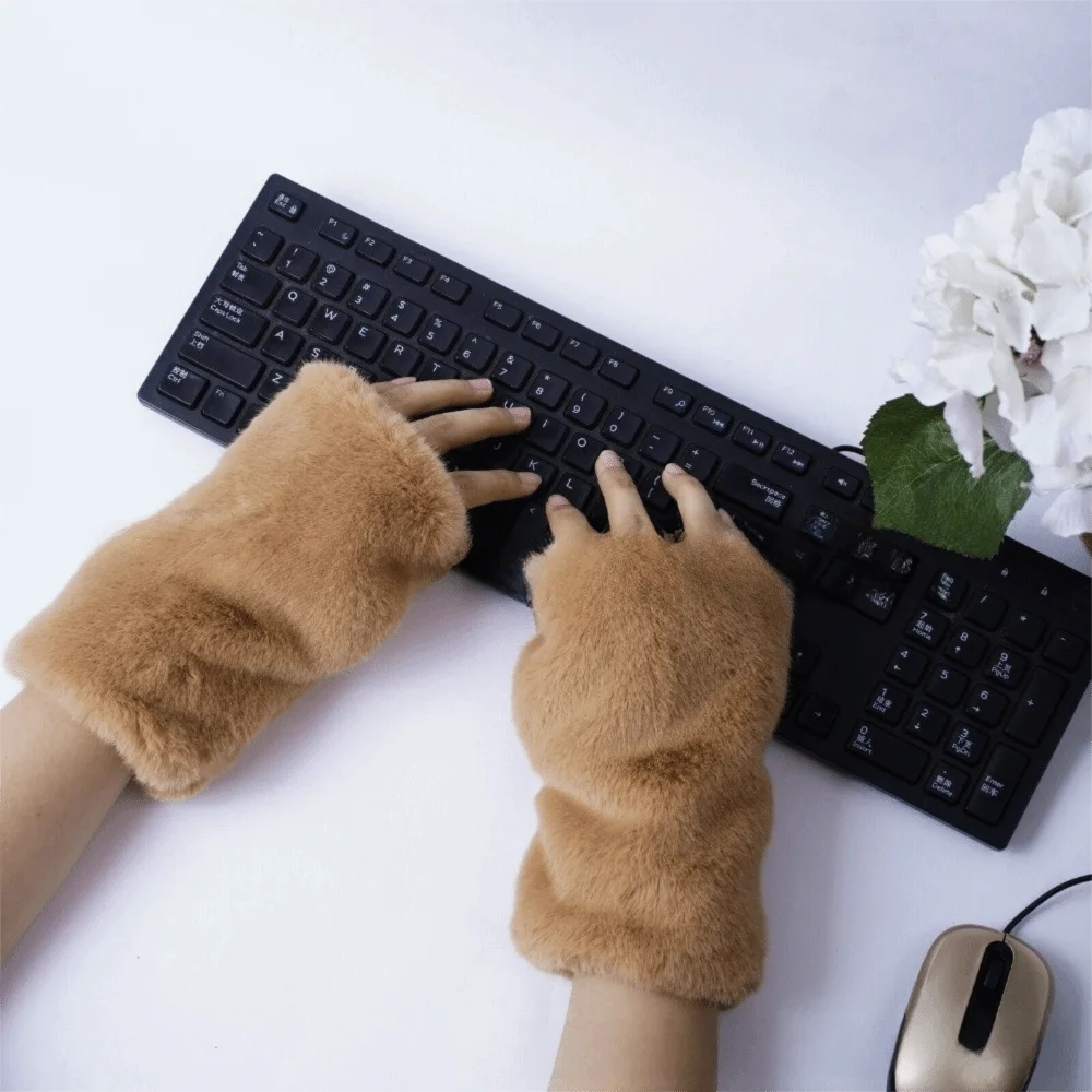 Thickened Fingerless Furry Gloves Fleece Lined Elastic Cuff Faux Fur Hand Warmer Warm Keeping Fluffy Texture Wrist Sleeve