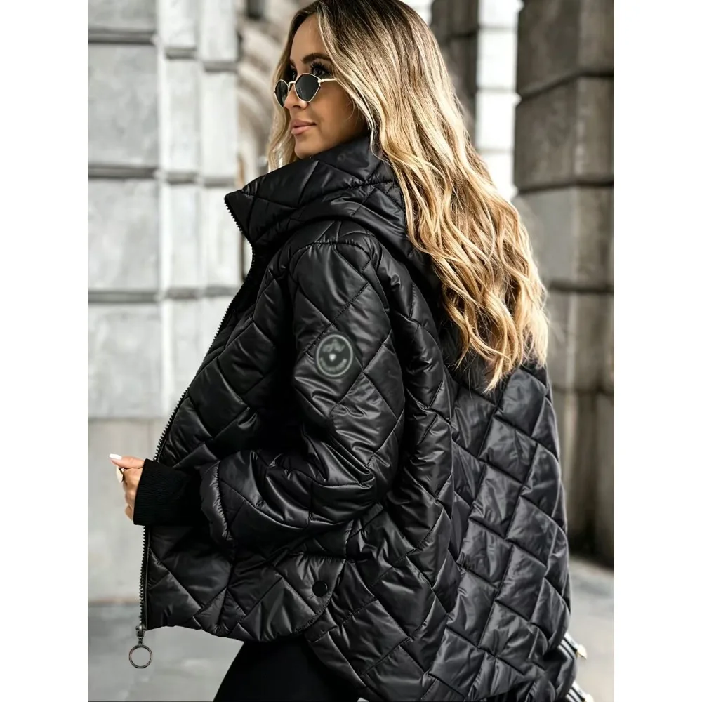 Herbst und Winter Neue Mode Kapuzen-Modejacke Lose Langarm Patchwork Baumwolljacke Damen Winterjacke Gesteppter Mantel – Detail 5