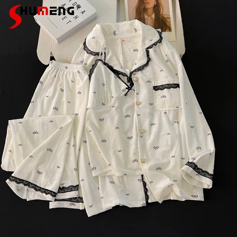 

Loose Three Piece Homewear Set for Women Black Lace Velvet Pajamas Set Female High End Camisole Long Sleeve Underwear Suits