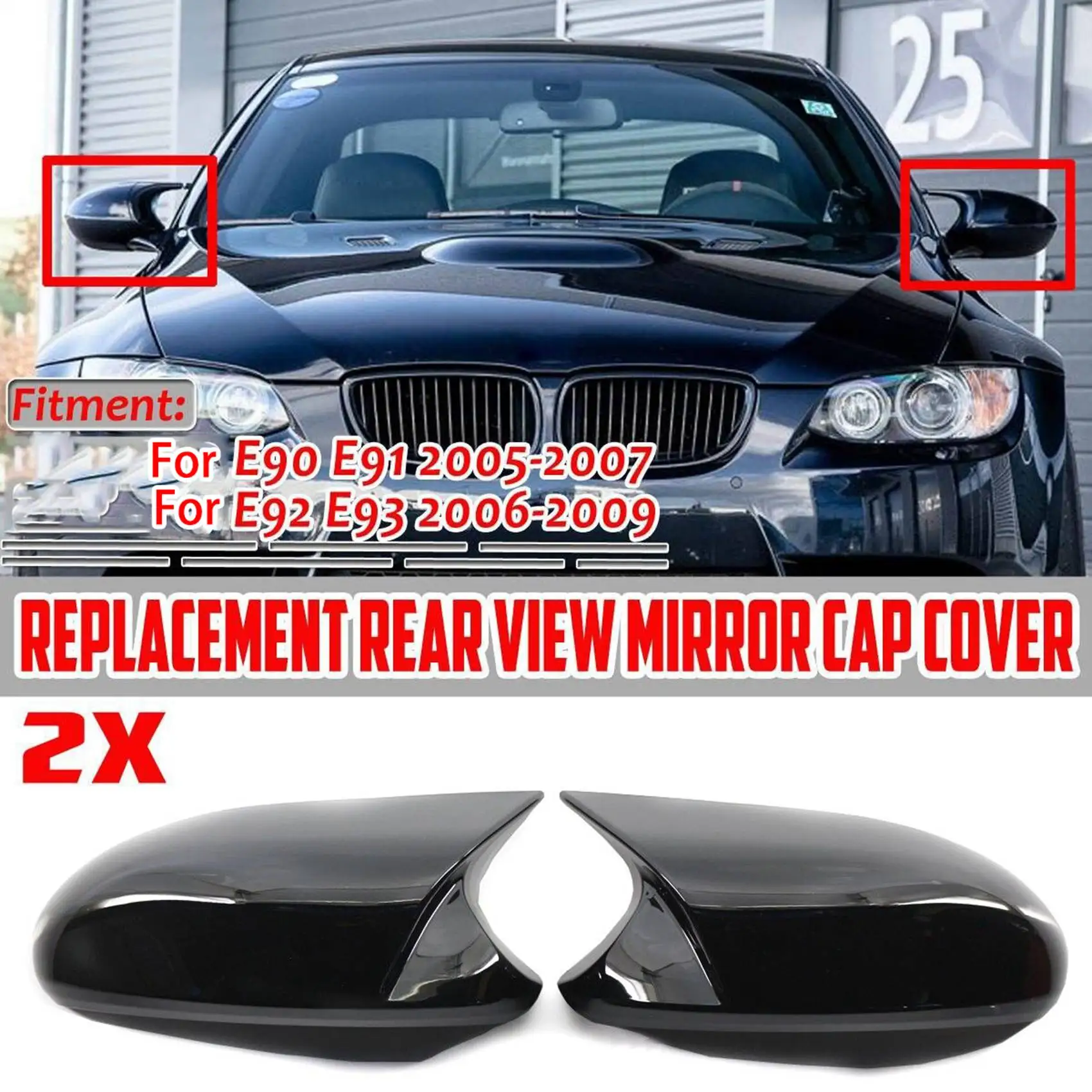 

Pair Car Black Rearview Mirror Cover Caps for-BMW E90 E91 PRE-LCI 2005-2007 E92 E93 2006-2009 E80 E81 E87
