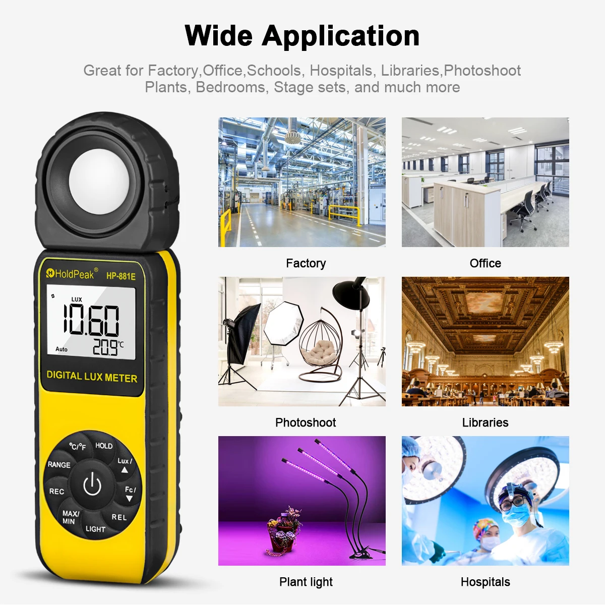 Imagem -04 - Calibrador de Luz Portátil com 270 ° Rotatable Detector Luxmeter Lumen Meter Faixa de Medição 0.1300 Lux 000lux Hp881e