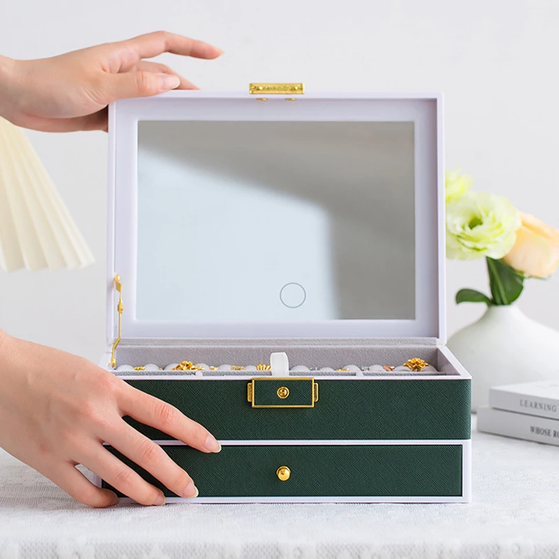 Square PU Leather Jewelry Box With Mirror LED Light Portable Large Capacity Drawer Organizer Travel Gifts for Women