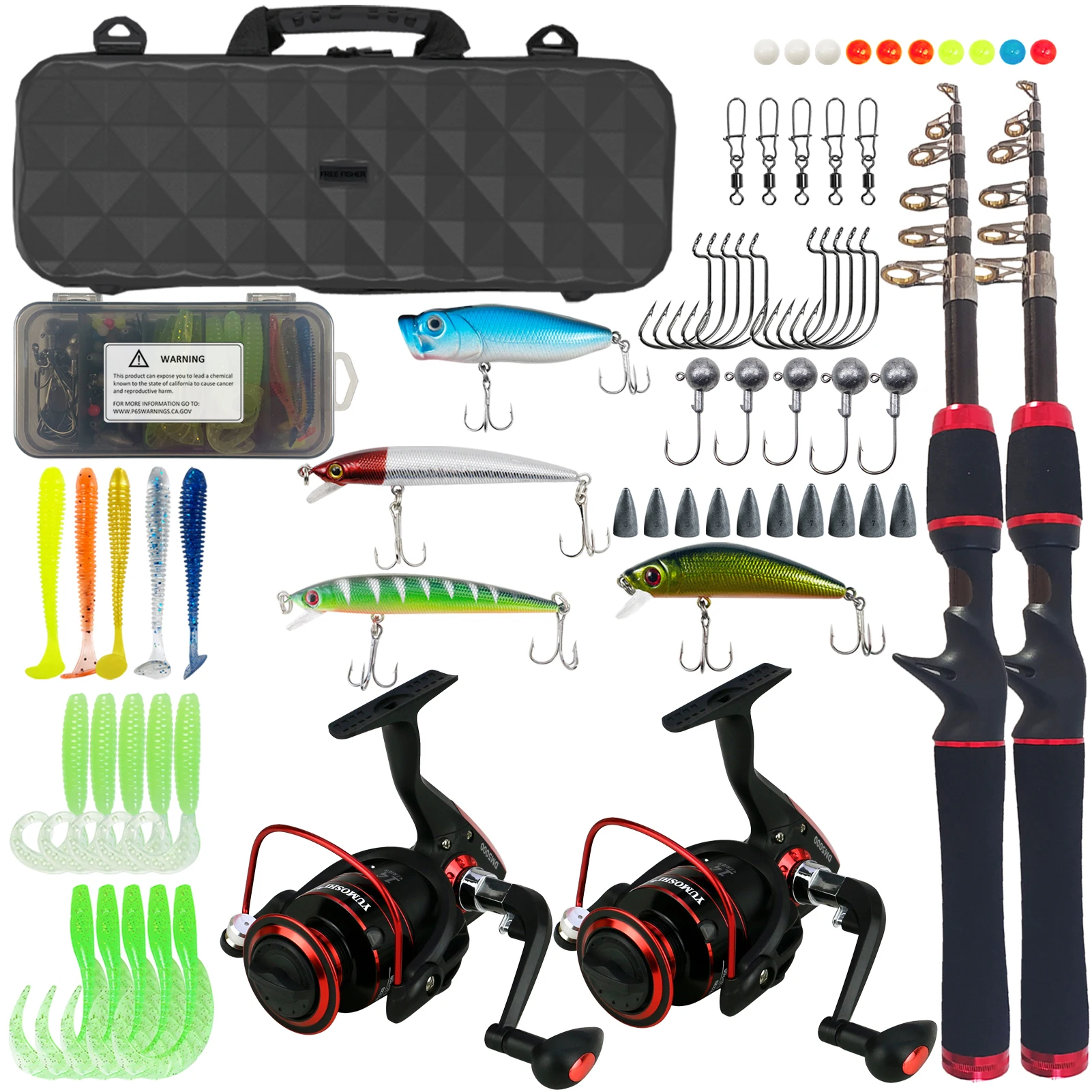 

65pcs Fishing Rod Reel Combo,2.1m Telescopic Rod,Spinning Reel,ABS Hard Shell Pack,Fishing Lure Soft Baits Hooks for Bass Pike