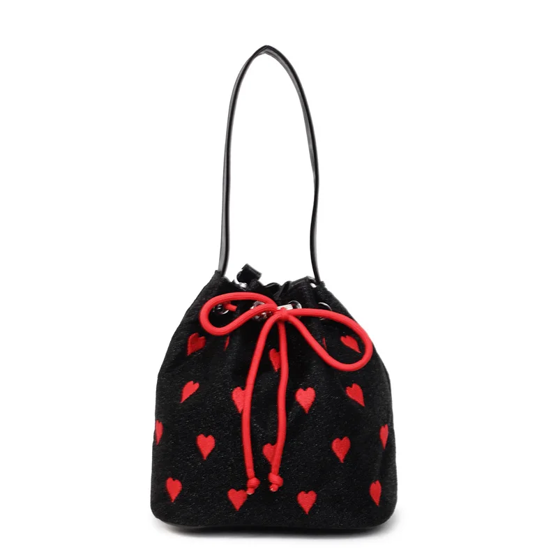 أزياء التطريز موضوع الحب دلو حقيبة، الرباط باليد، حقائب اليد حقيبة كروسبودي الألوان المتناقضة #6