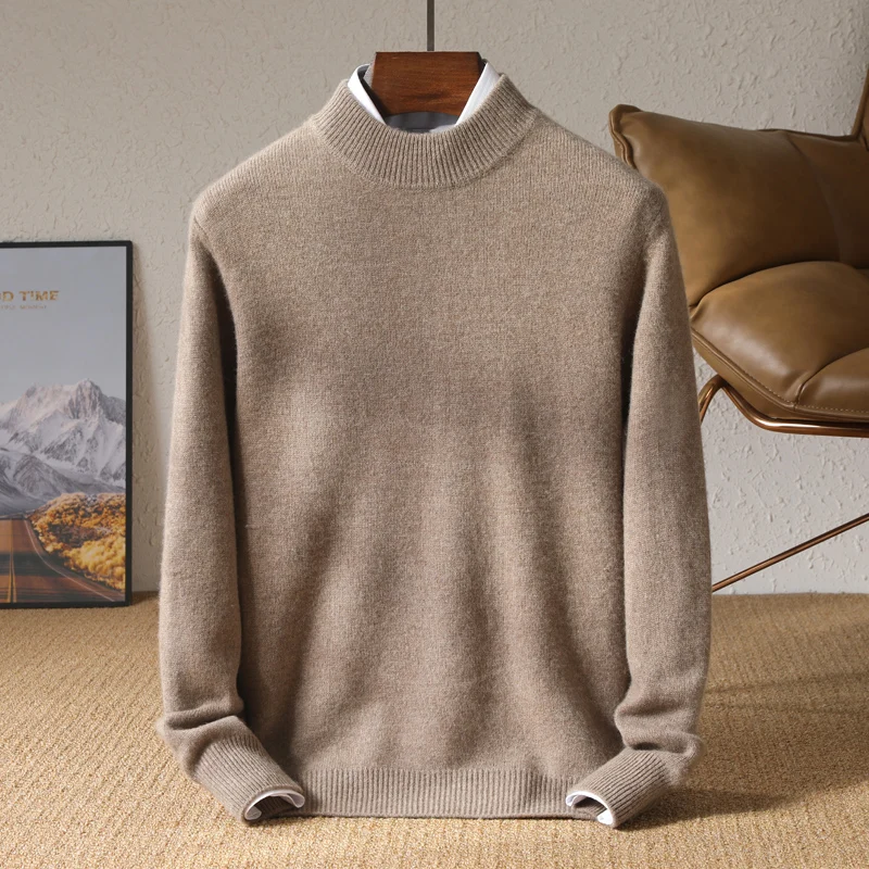 Autumn and Winter New Pure Woolen Sweater Men's Half High Neck Pullover Loose Underlay Solid Color Thickened Knitted Sweater