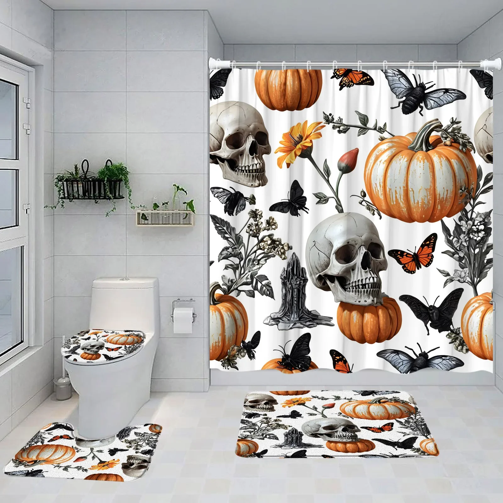 Happy Halloween Pumpkin Lantern Shower Curtain Set Flying Witch Full Moon Horror Night Bath Decor Home Carpet Toilet Lid Cover