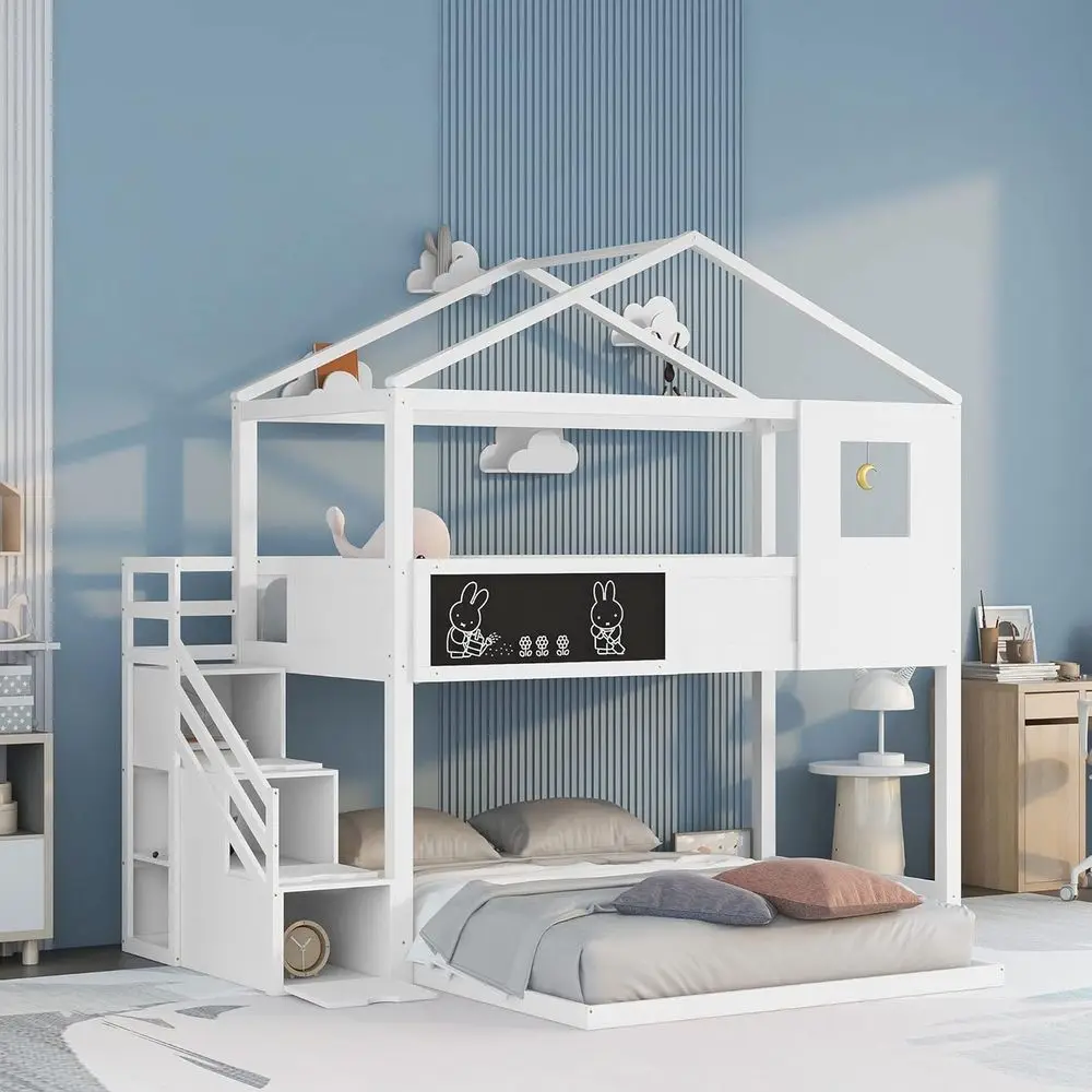 Staircase Twin Over Full Bunk Bed with Chalkboard, Wooden Playhouse Floor, Suitable for Kids and Teens, White