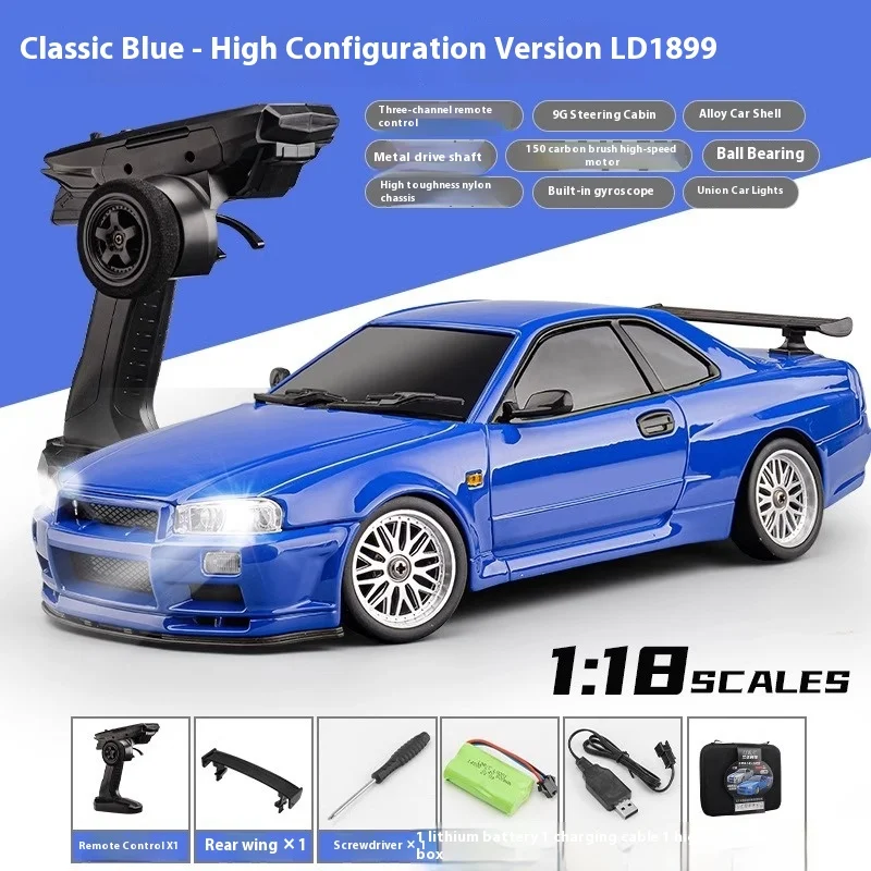 Ldrc escala 1:18 metal escudo de controle remoto carro tração traseira gtr deriva rc brinquedo com luz flip recurso modelo carro ld1899