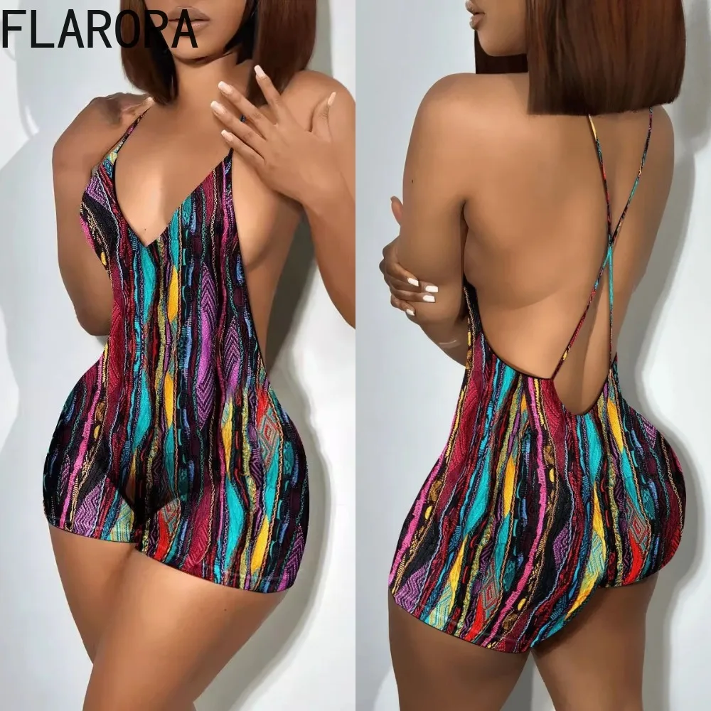 FLARORA Fashion Y2k Tie Dye Print Rompers Woman V Neck Bodycon Backless Playsuits Beach Holiday Party One Piece Suit summer new