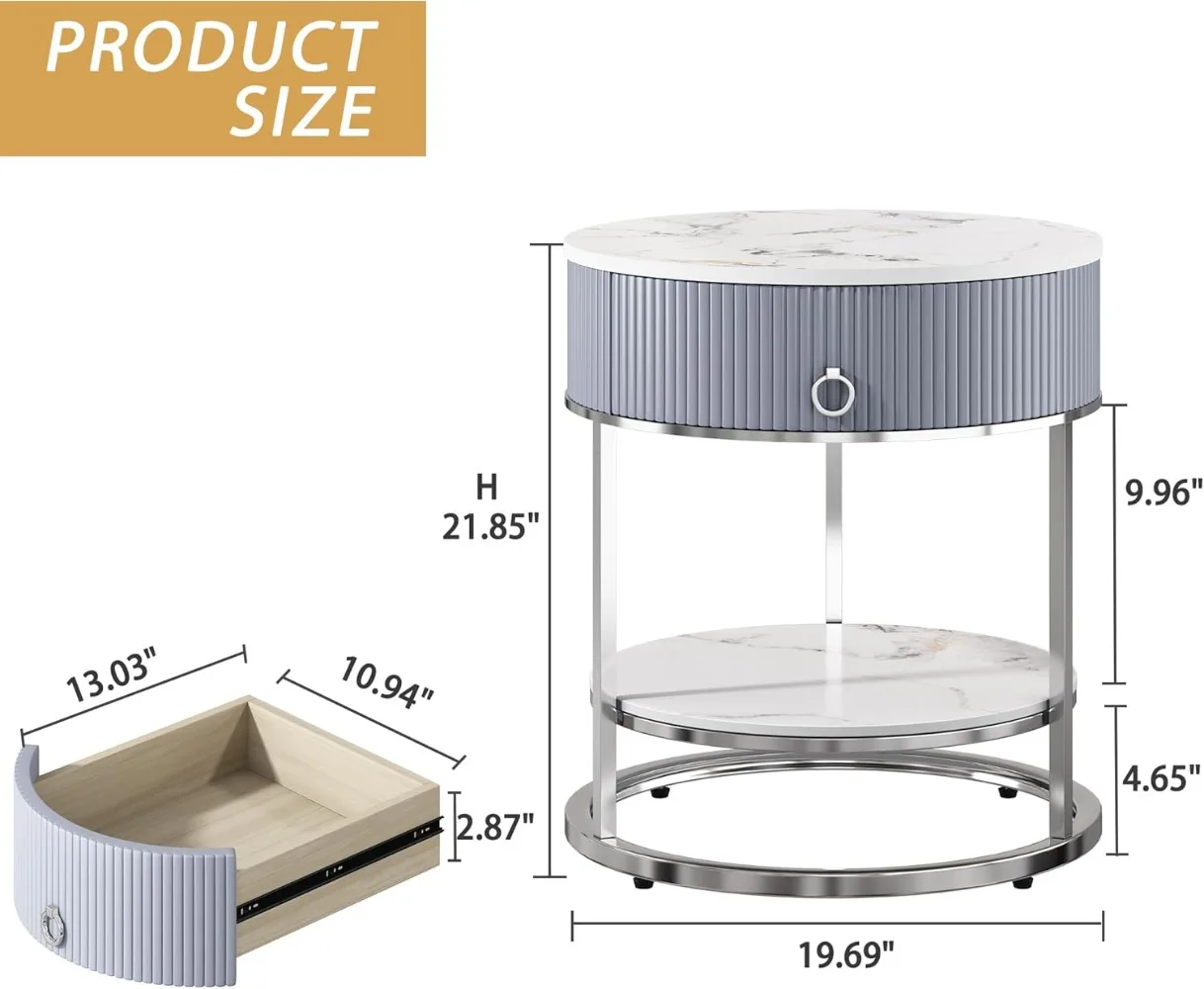 OIOG Modern End Table with Drawer, 2 Tier Side Table with Shelf, Round Nightstand with Sintered Stone Tabletop and Chrome