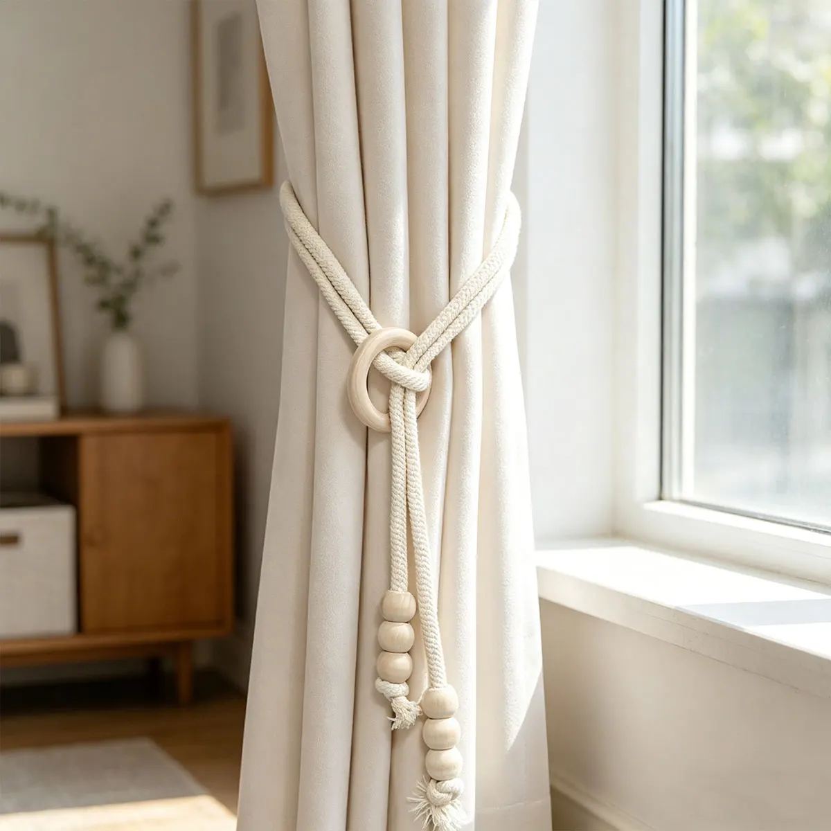 Wood Ring Bead Curtain Tiebacks Set of 2 Braided Cotton Rope Curtain Tie Rope Nordic Decorative Window Drape Holder