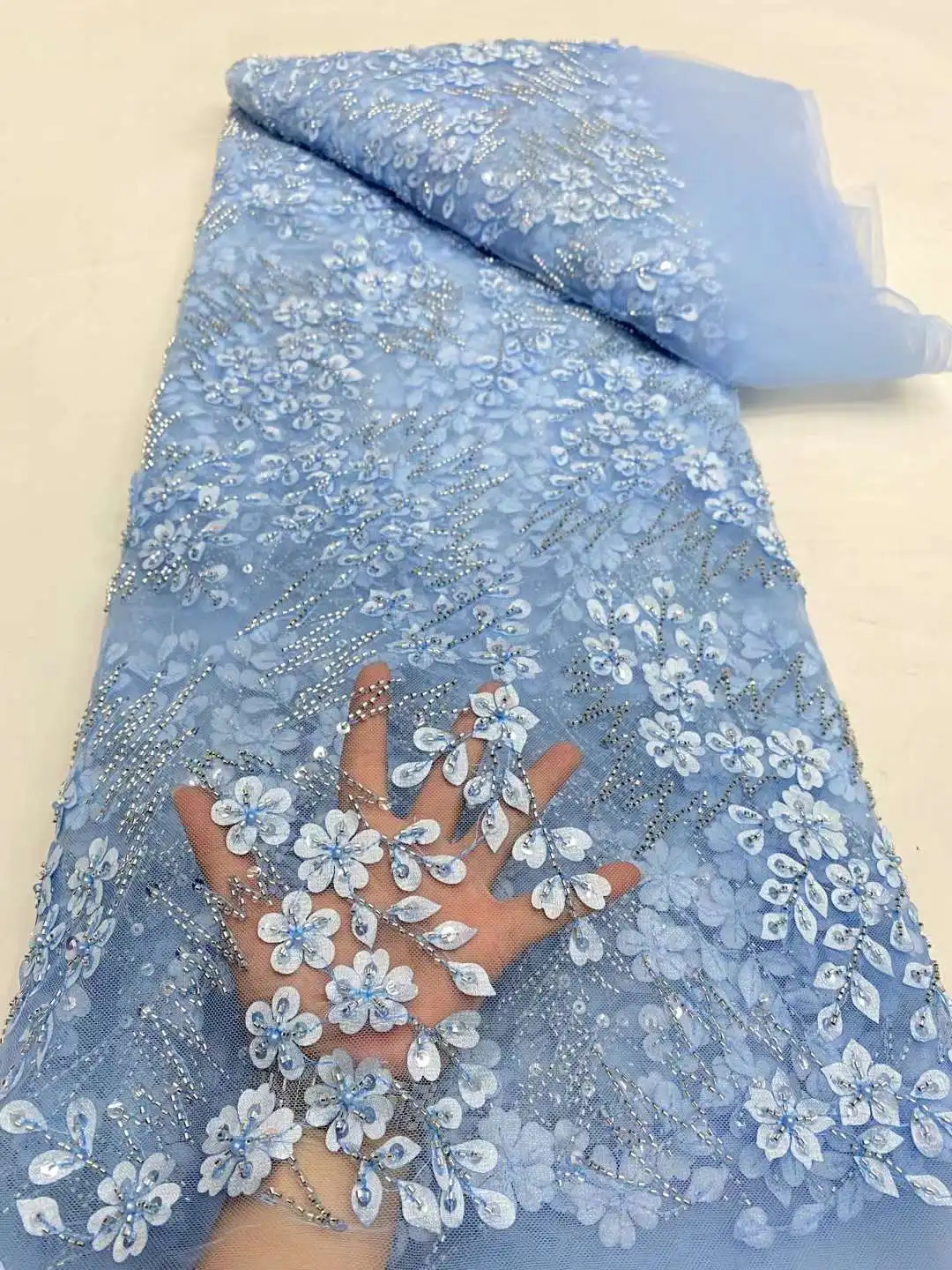 Luxury African Beads Lace Fabric 2024 High Quality French Blue Embroidery Sequins Lace Fabrics For Christmas Party Sewing DP