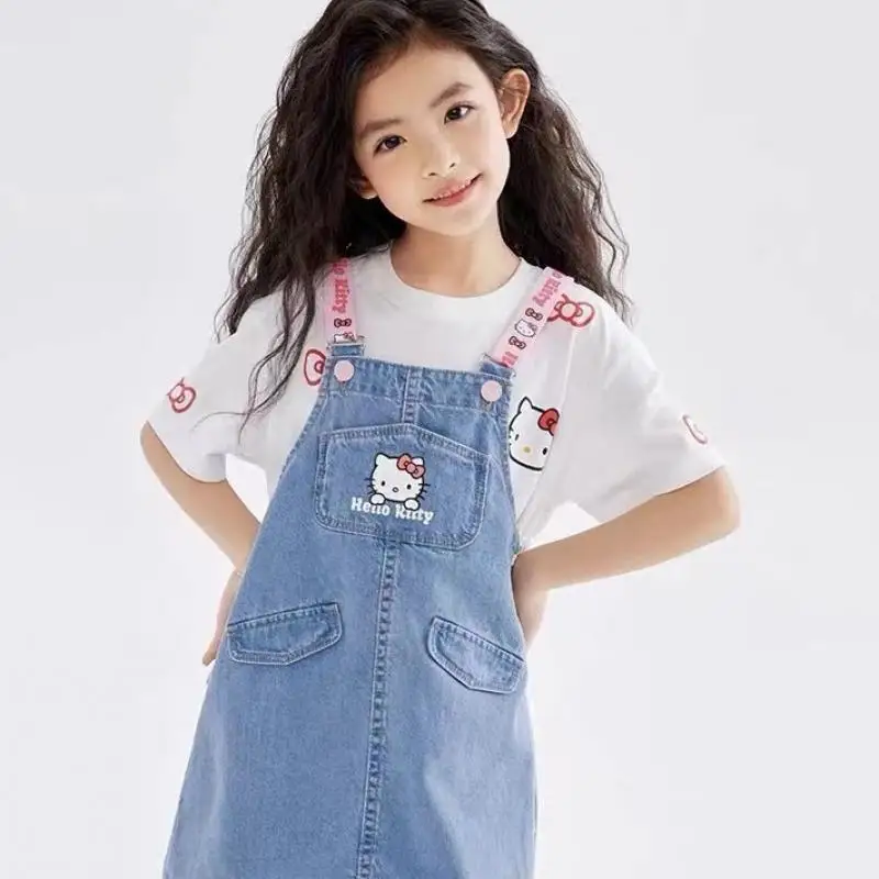 Anime Sanrios Hello Kittys Kids Overalls Girls' Denim Shorts Summer Loose Suspender Pant Jeans Outfit Fashionr Kids Clothes Gift