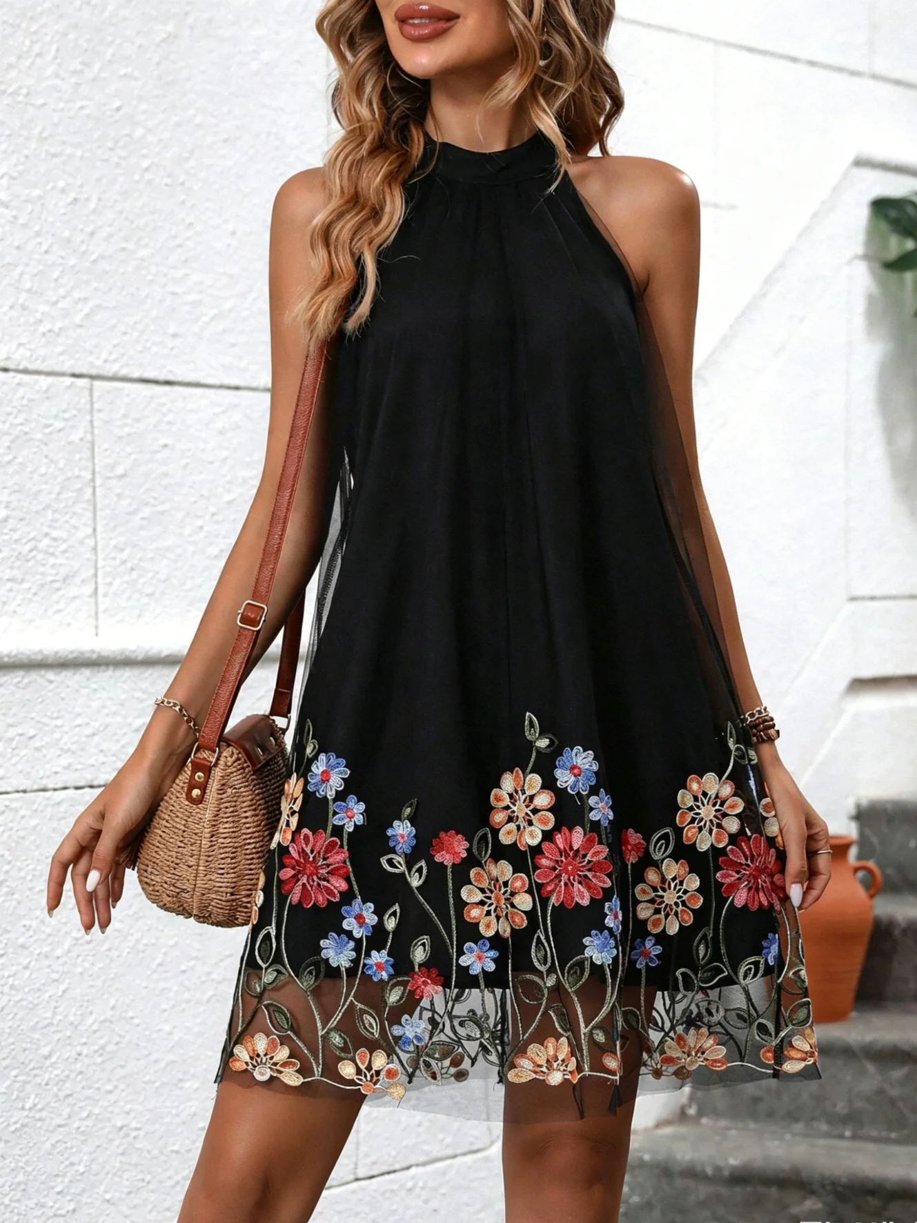 Damen-Minikleid mit schwarzem Blumenmuster, Neckholder-Ausschnitt, ärmellos, Mesh-Overlay, lässiges Sommer-Strandkleid für den Urlaub