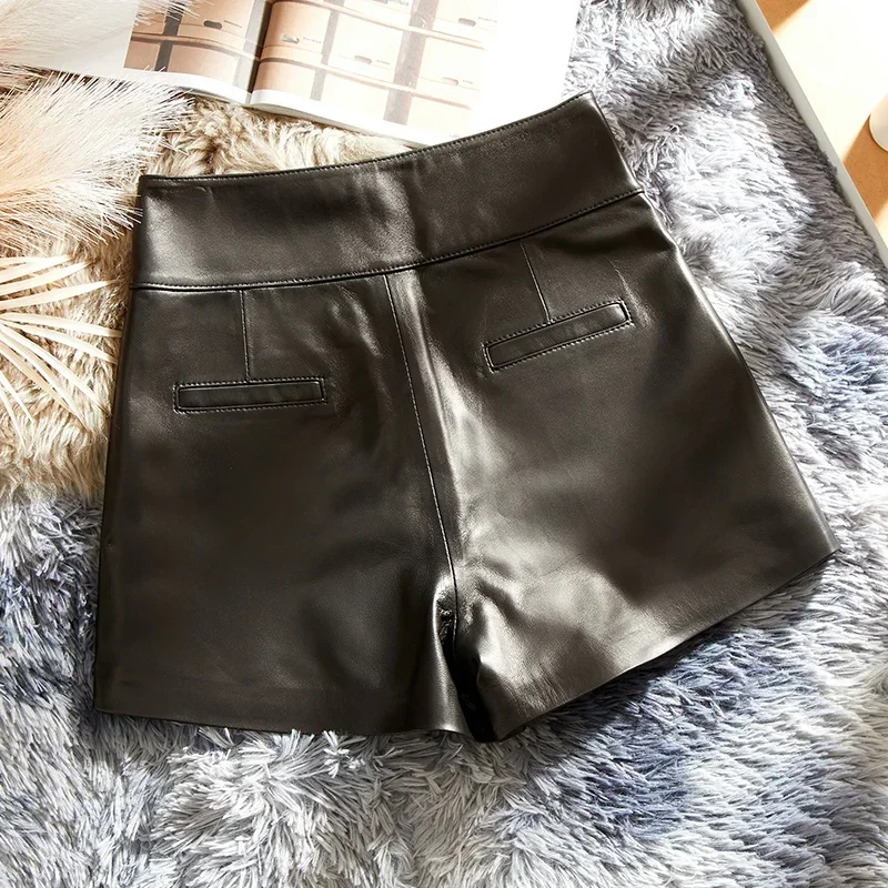 Genuine Leather Short Pants for Women High Waist Pants New Wide Legs Pants Women Sheepskin Tousers Korean Shorts ropa mujer