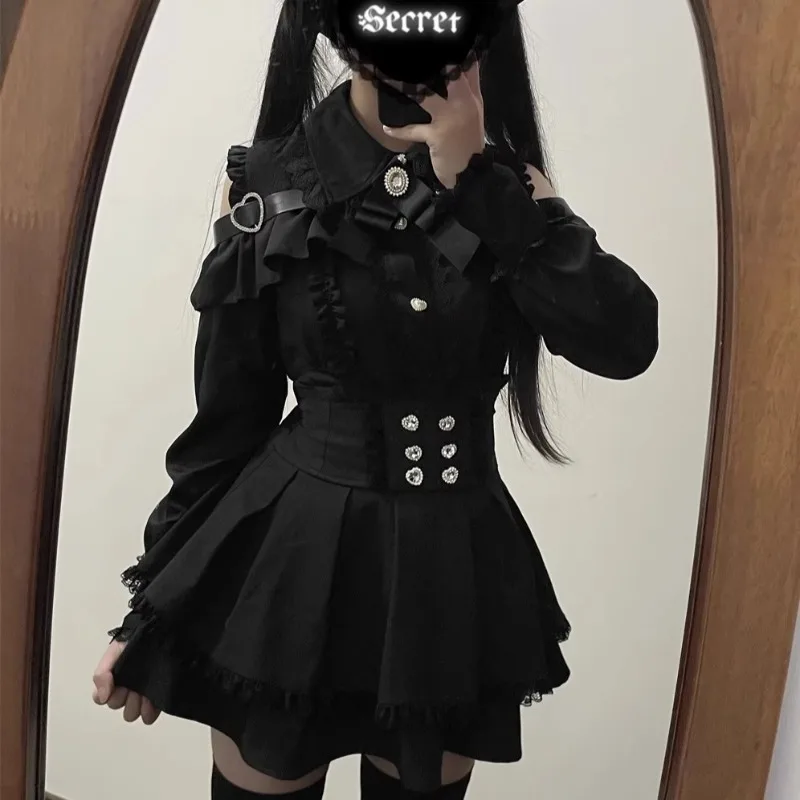 Jirai Kei الزي لوليتا الفتيات بلوزة المرأة طويلة الأكمام قميص Kawii القوس التنانير السوداء قمصان Y2K الحلو اليابانية سيدة نمط مجموعة