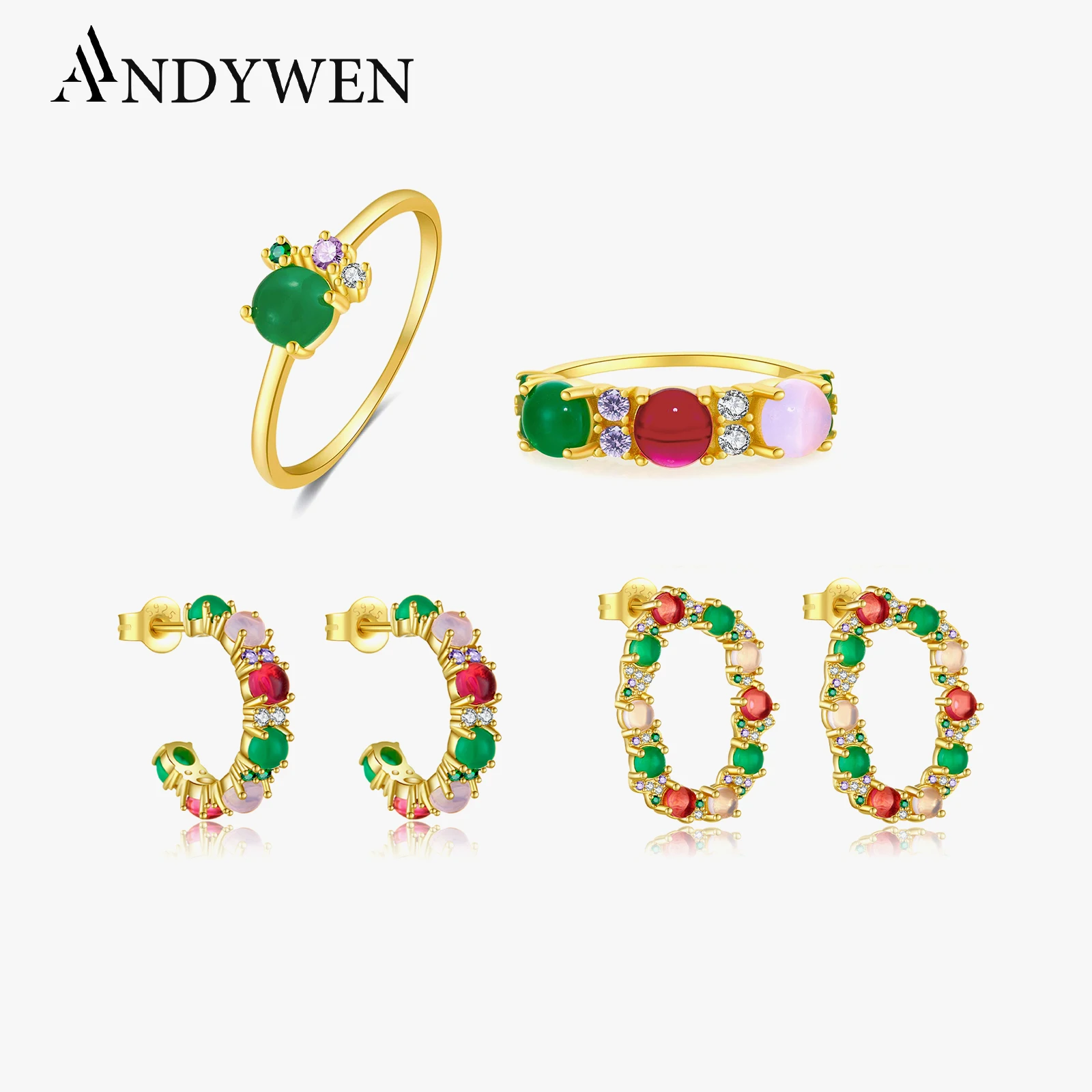 

ANDYWEN 925 Sterling Silver Gold Lofoten Island Green Rainbow Hoops Earring Piercing Drop Pendiente Luxury Necklace Jewelry Set