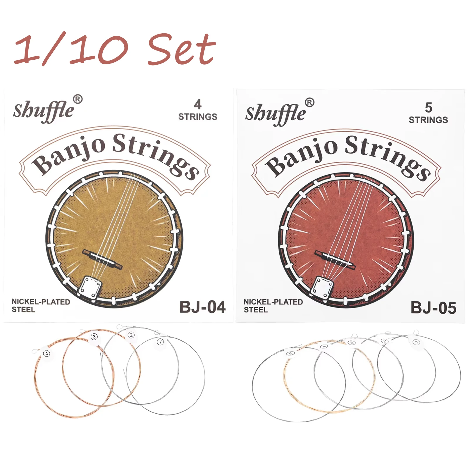 1/10 Set Shuffle Banjo Strings Set Phosphor Bronze & Nickel Alloy Anti-Rust Coated 4 String / 5 String Banjo Replacement Strings