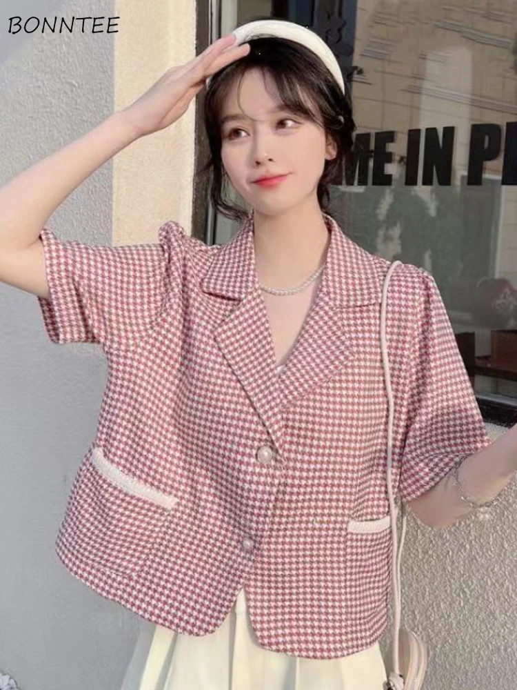 Short Sleeve Blazer Women Houndstooth Design Sweet Girls Fashion Ulzzang Soft Notched Office Lady Outwear High Street Classic