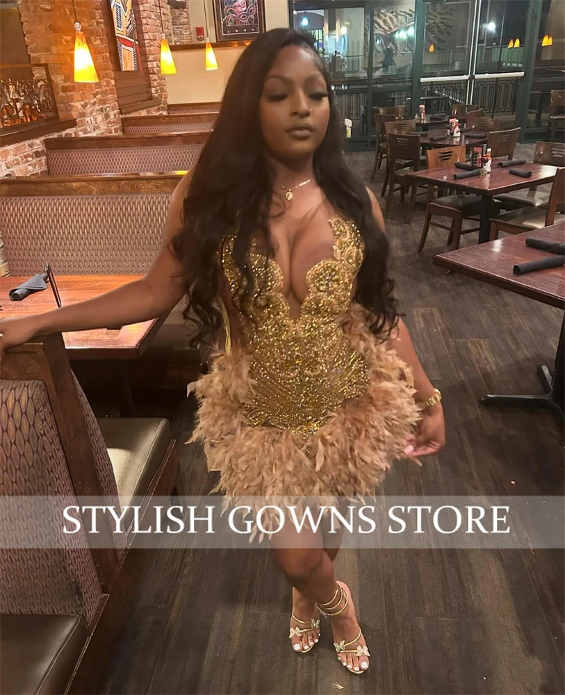 Gold Bead Crystal Short Prom Dresses Feather 2024 Birthday Luxury Dress O Neck Black Girl Party Gown Homecoming Customized