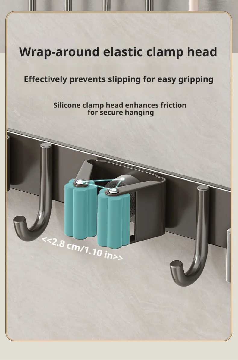 Edelstahl Wandmontierter Mopphalter Organizer mit Haken Bohrfreie Badezimmer-Besen-Aufbewahrungsklammer Robuste Halterung – Detail 8