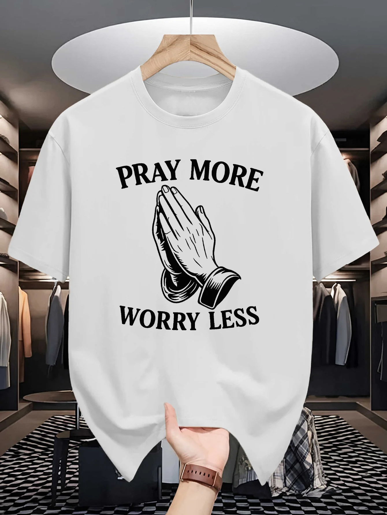 2026 New Mens Short Sleeve T Shirt Pray More Worry Less Prayer Hands Graphic Slogan Casual Summer Religious Streetwear Tops