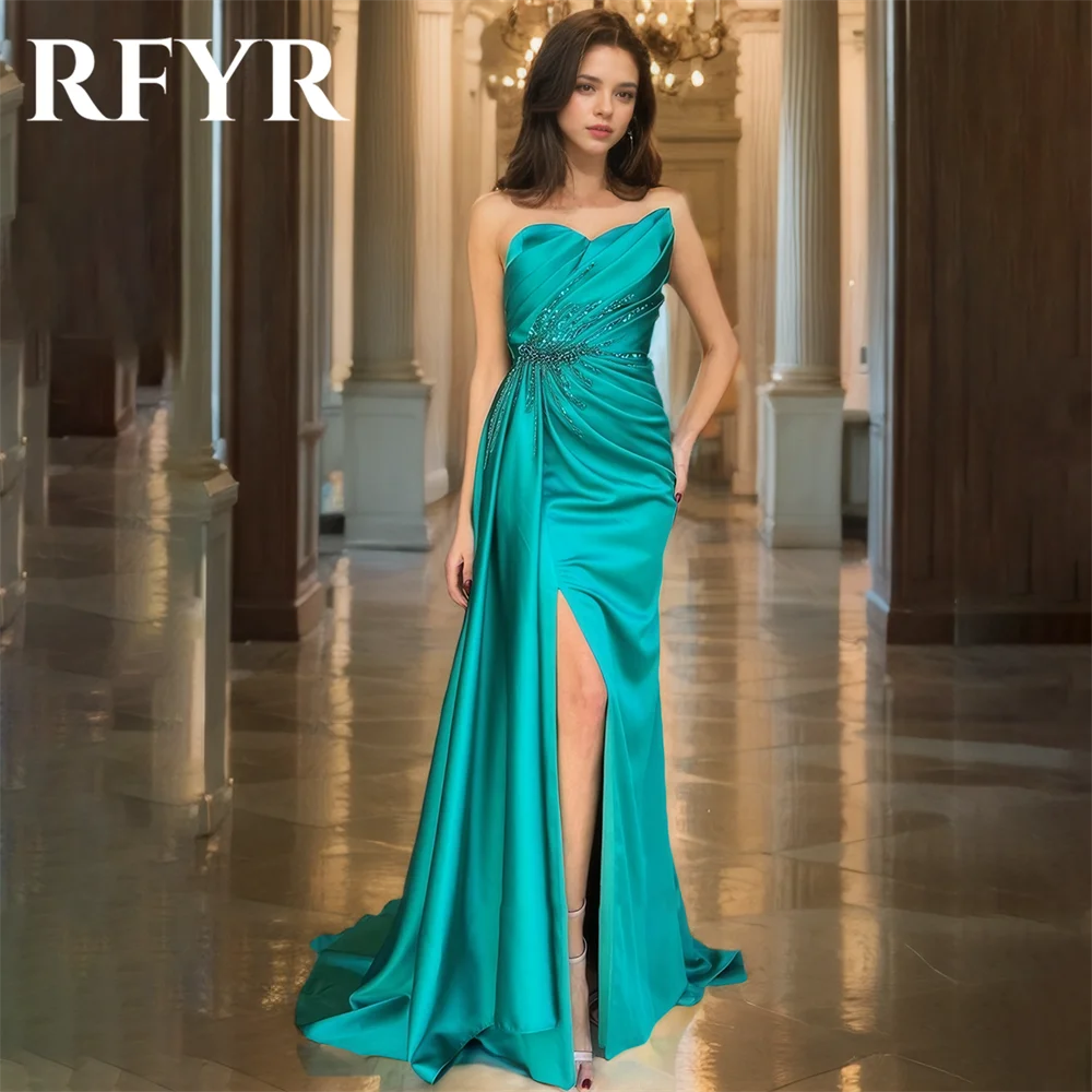 

RFYR Mint Green Elegant Scoop Women Evening Dress with Pleats Simple Sleeveless Satin High Split Prom Formal Gowns Customized