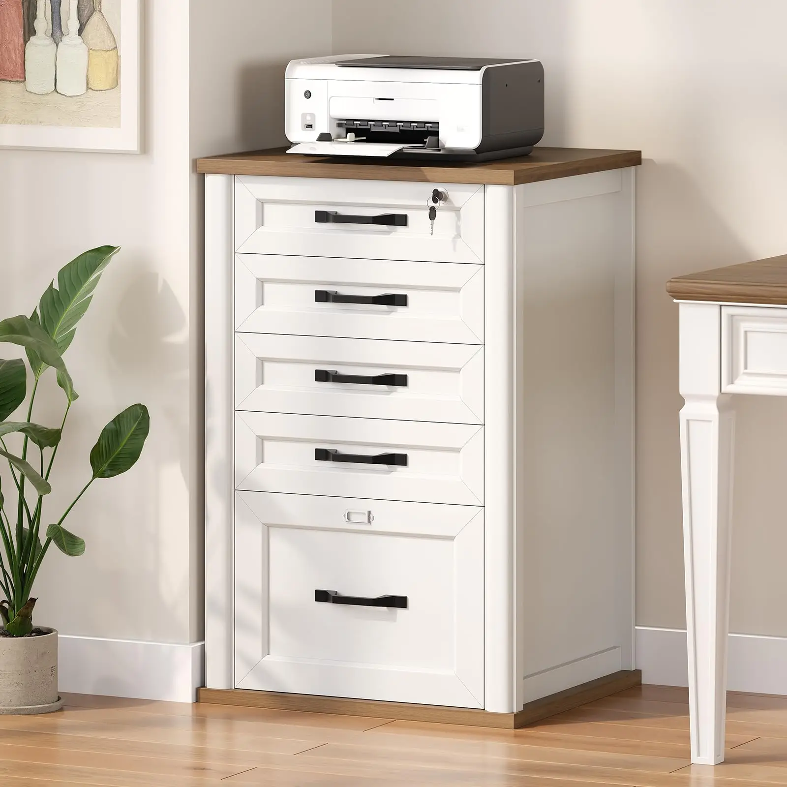 Farmhouse 5 Drawer File Cabinet with Lock, Wooden Filing Cabinet