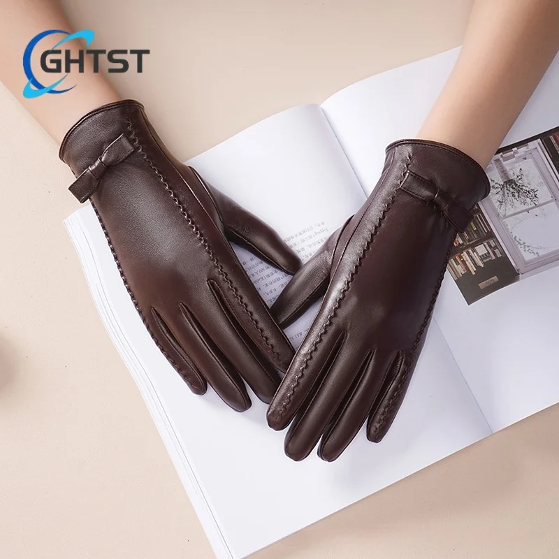 New Design Fashion Women Gloves Lambskin Leather Driving Gloves  Bow Riding Glove Fall Windproof Winter Accessories