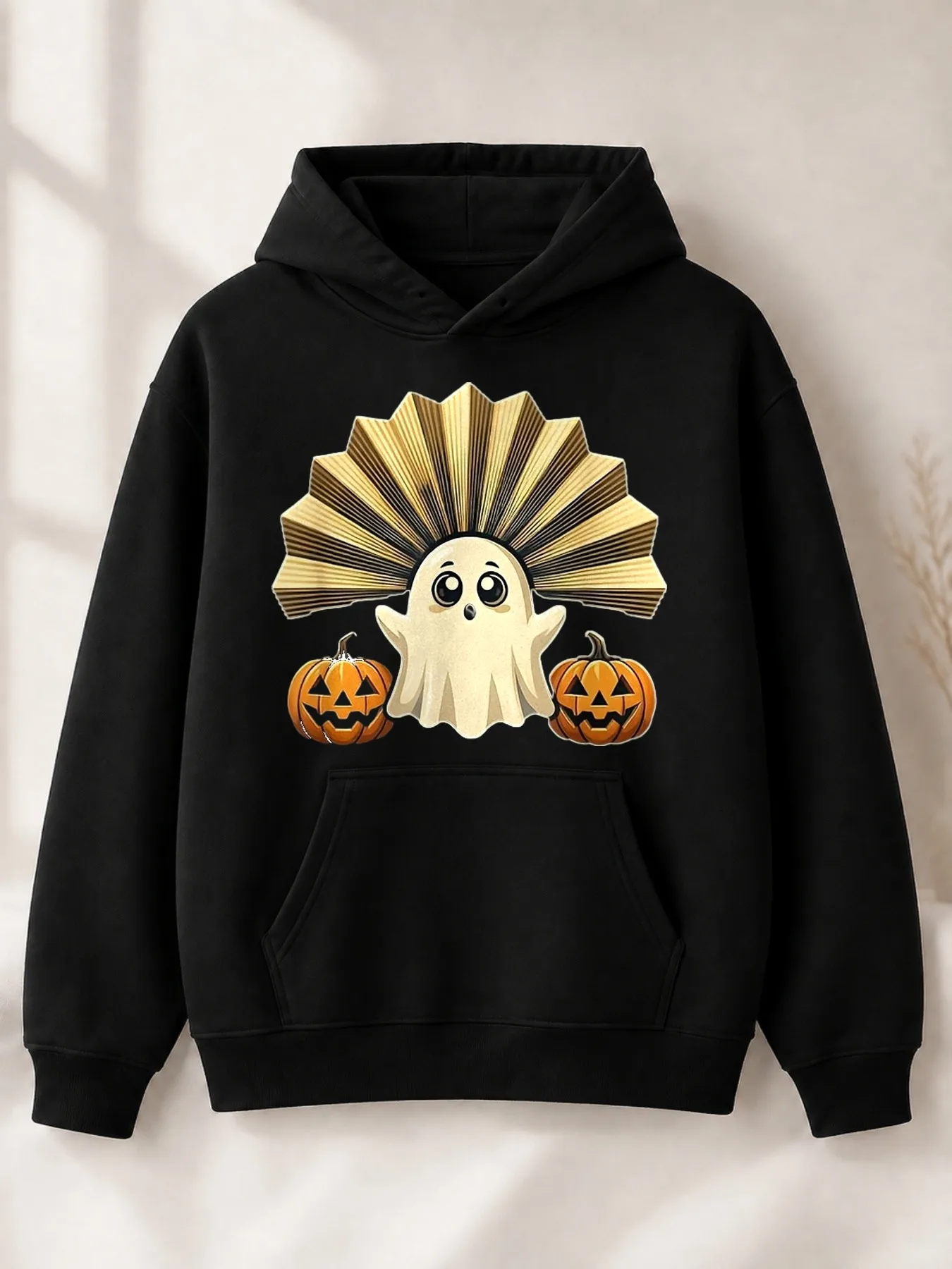 Cute Cartoon-Style Men's Hoodie with Ghost Fan and Pumpkin Design, Perfect for Halloween and Autumn, a Gift for Your Loved Ones and Friends