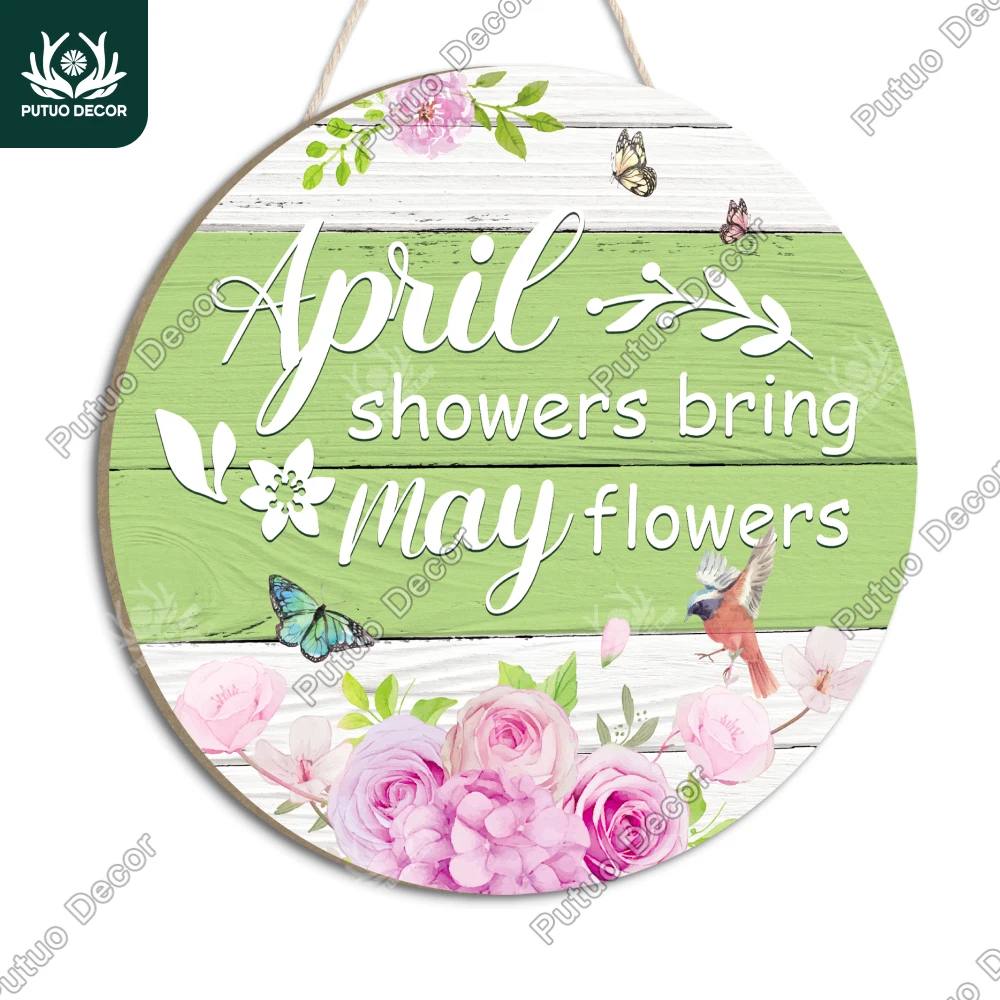 Putuo Decor 1pc Wooden Round Hanging Decor, April Showers Bring May Flowers, Wall Decor for Farmhouse Cafe Florist's Shop,Gifts