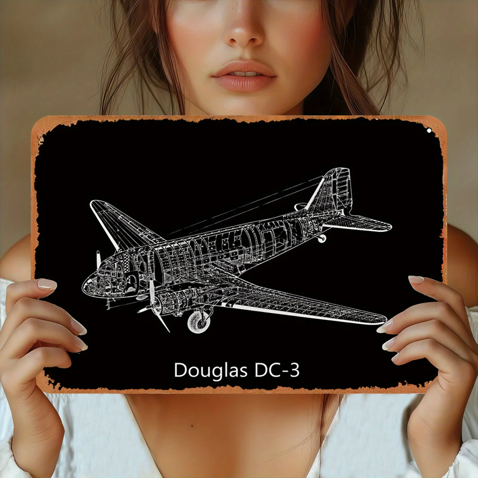 Vintage Douglas DC-3 Airplane Metal Wall Art -  Retro Aviation History Decor with Detailed Line Drawing, Durable Metal Sign fo