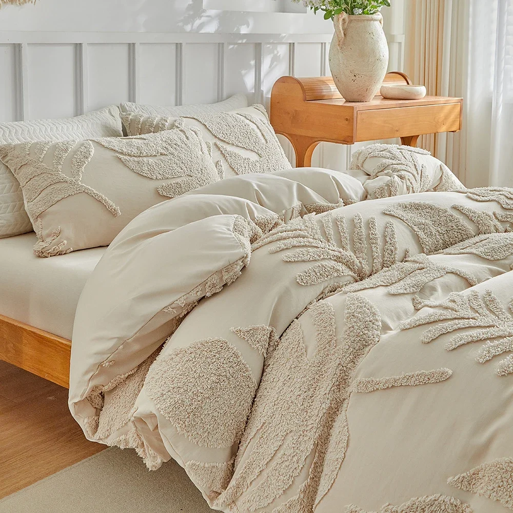 New Monstera Leaves Tufted Bedding Set Queen Solid Single Double Duvet Cover Set Comfortable Durable Quilt Cover and Pillowcases
