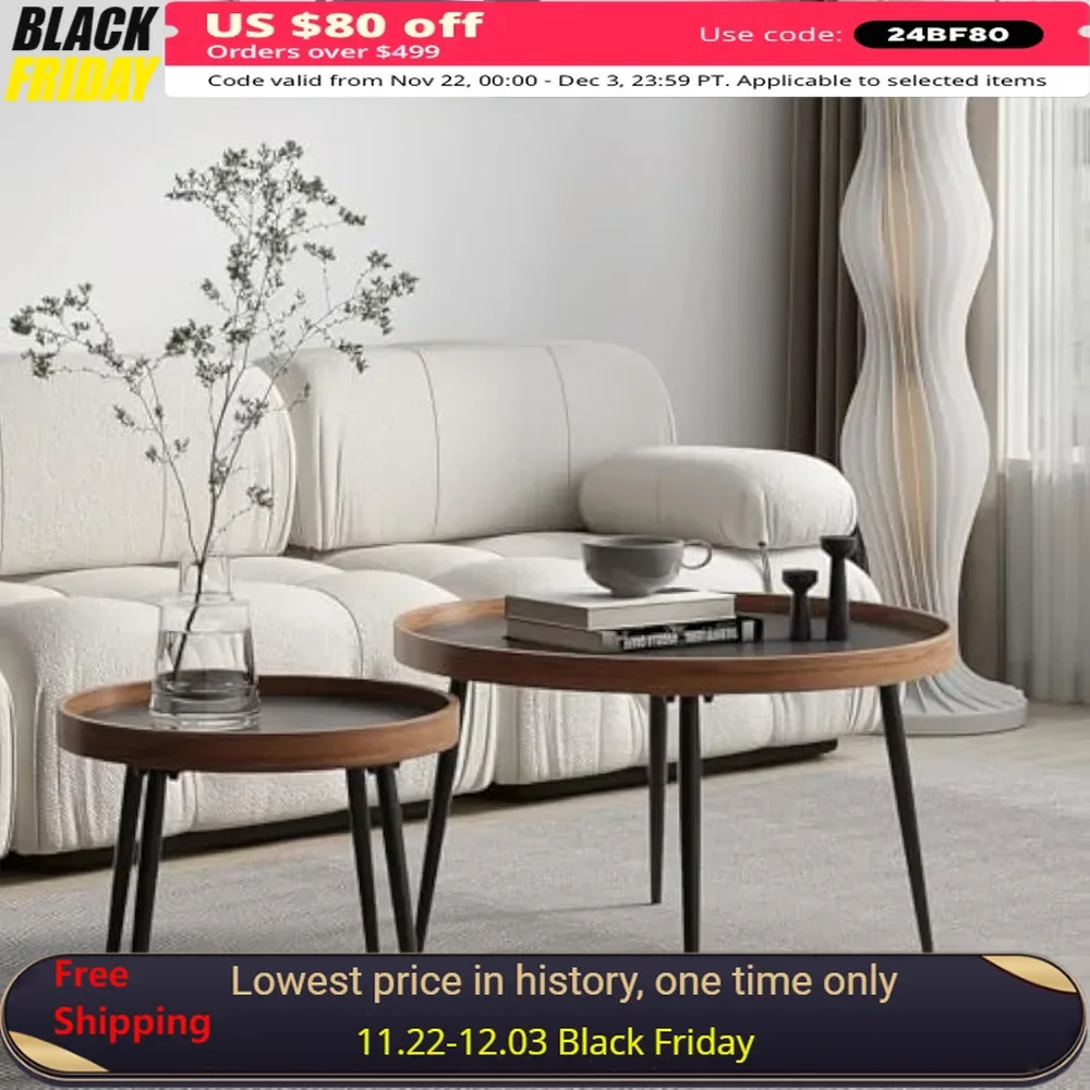 2-Piece Round Coffee Table Set, resistente Metal Frame para sala de estar, sala de jantar, fácil montagem, MDF