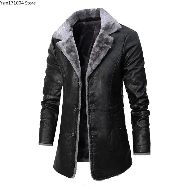 Men\'s Long PU Leather Jacket Solid Color Men Street Fleece Casual Male Retro Fashion Pocket Leather Coat Winter Men Jacket