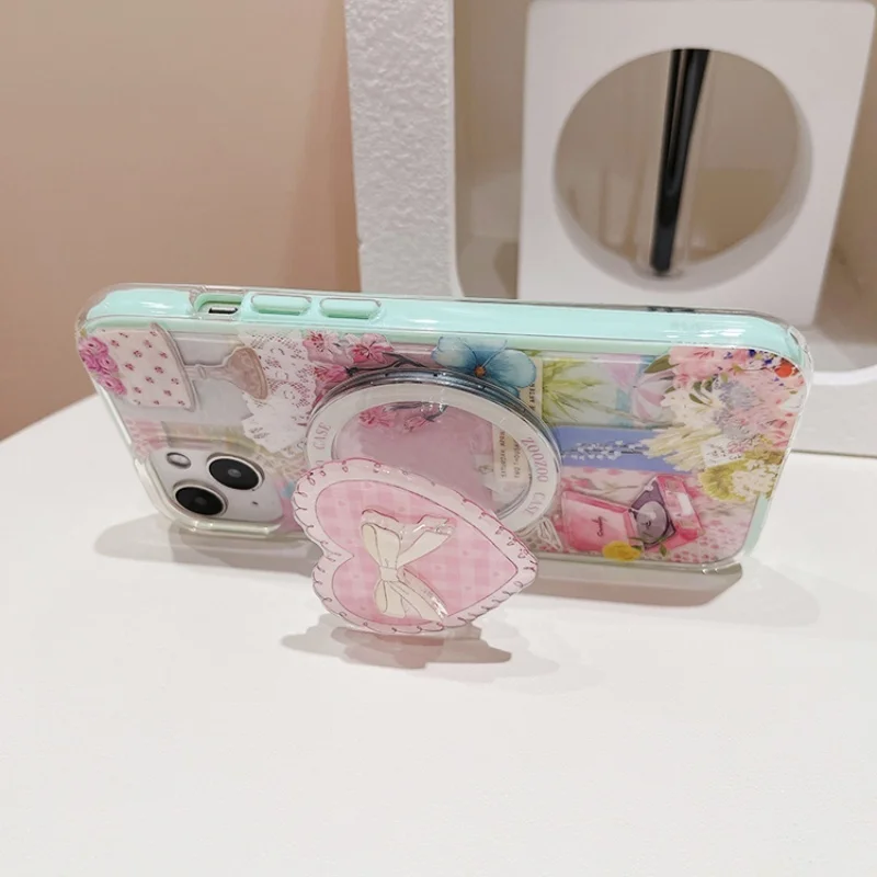 Coréen mignon grille coeur arc magnétique téléphone Griptok poignée Tok support pour Magsafe pour iPhone 17 16 pro étui de charge sans fil support