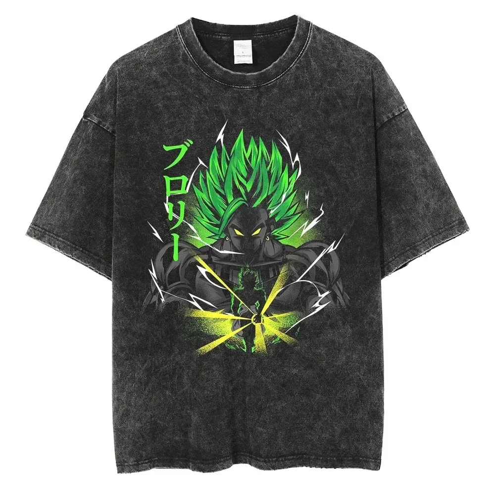 Dragon Ball 2025 New Hot Broly T Shirt Men Vintage Washed Cotton Tops Summer Anime Graphic Tees Green Hair Lightning Effect