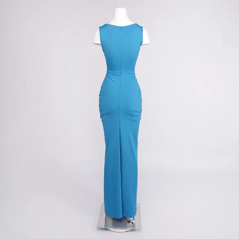 LEOSOXS Blaues ärmelloses Maxikleid mit Ausschnitten, gerüscht, figurbetontes Abendkleid, modische Partykleidung für trendige Damen zum Ausgehen