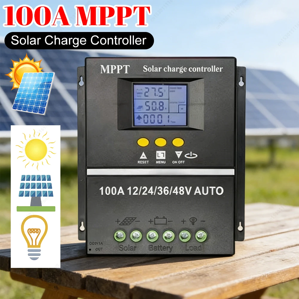 

Контроллер заряда солнечных батарей MPPT 100А, зарядное устройство для солнечных панелей с двумя USB-портами, автоматический контроллер заряда 12В 24В 36В 48В для солнечных панелей