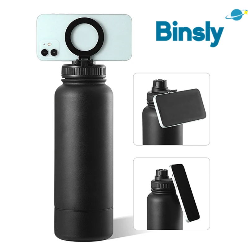 Magnet Lid Vacuum Flask Stainless Steel Water Bottle Reusable Thermal Bottle with Magnetic Phone Holder for Gym Sports