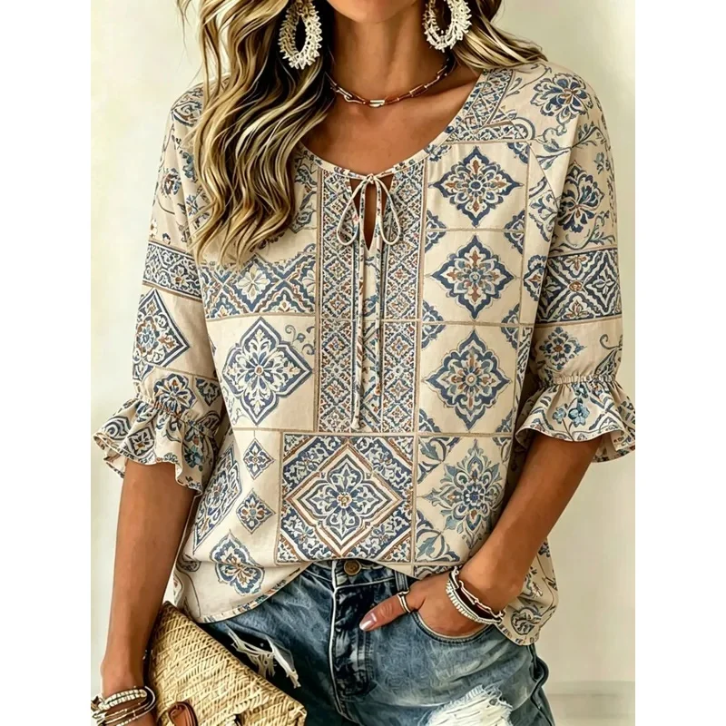 Women's Tie Keyhole Neck Blouse, Khaki Vintage Brown Scroll Floral Allover Print, for Spring Summer Daily Outfits
