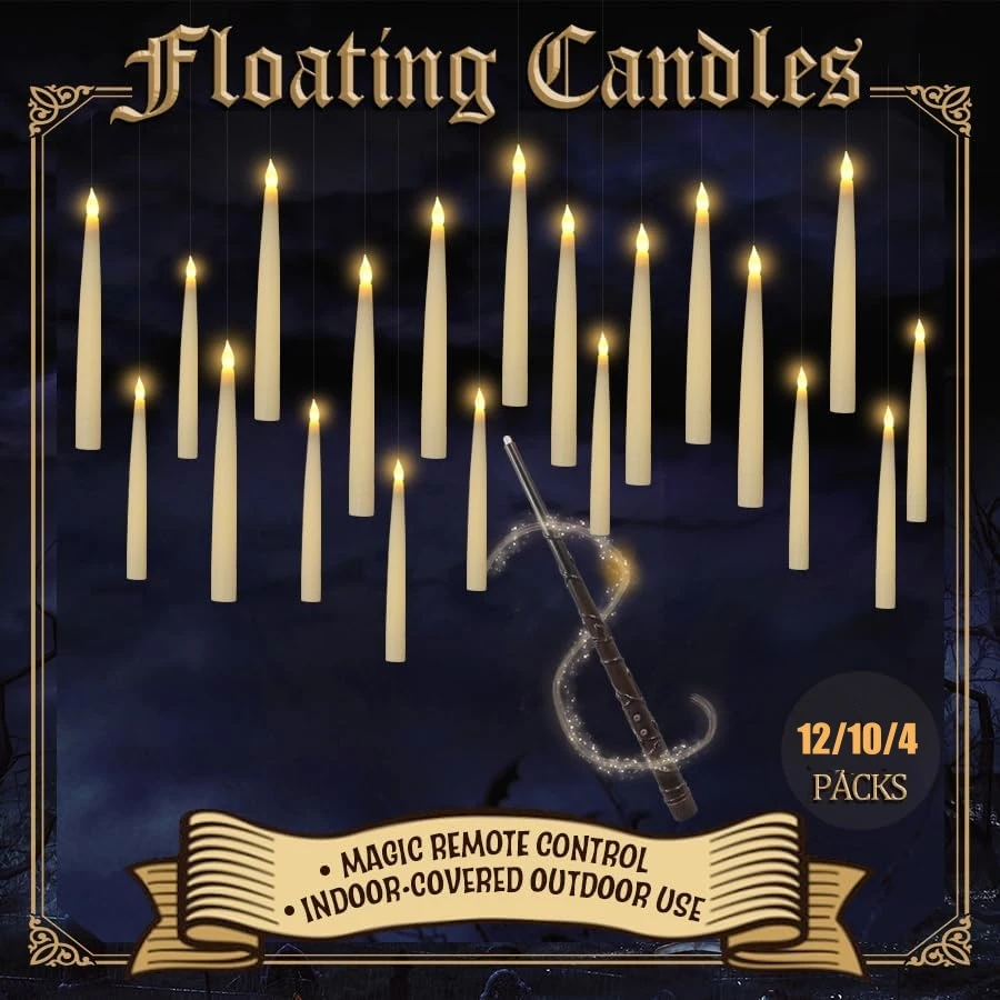 

Floating Candles with Wand 12 PCs Magic Hanging Candles Flickering Warm Light Flameless Floating LED Candle Halloween Decoration